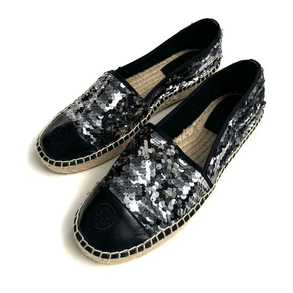 TORY BURCH FLAT ESPADRILLE BLACK SEQUIN WOMEN'S SIZE 10 - Picture 2 of 10